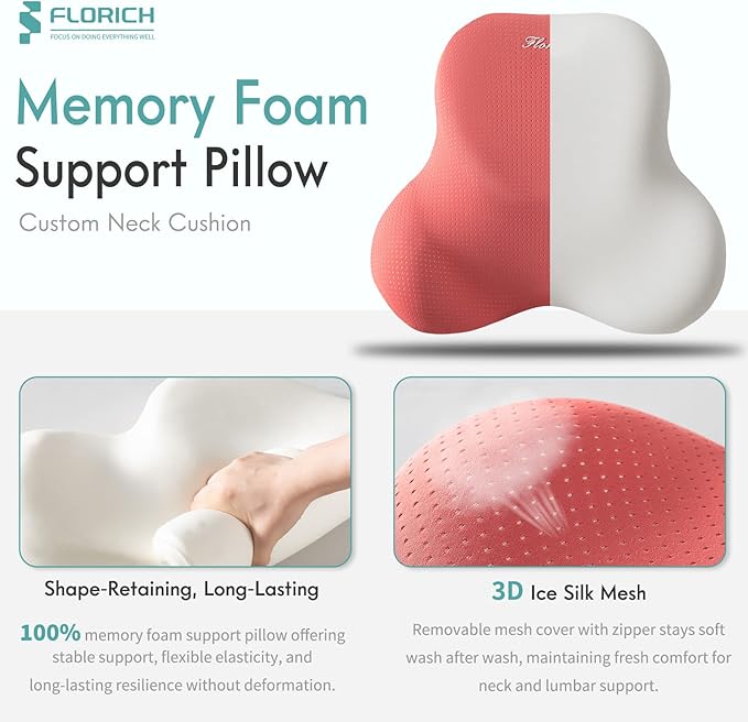 FLORICH Car Lumbar Support Pillow and Neck Headrest Pillow for Office Chair, Ergonomic Memory Foam, Relieves Neck, Back Pain, Pressure-Relieving Back Support for Car, Office Chair & Wheelchair – Red