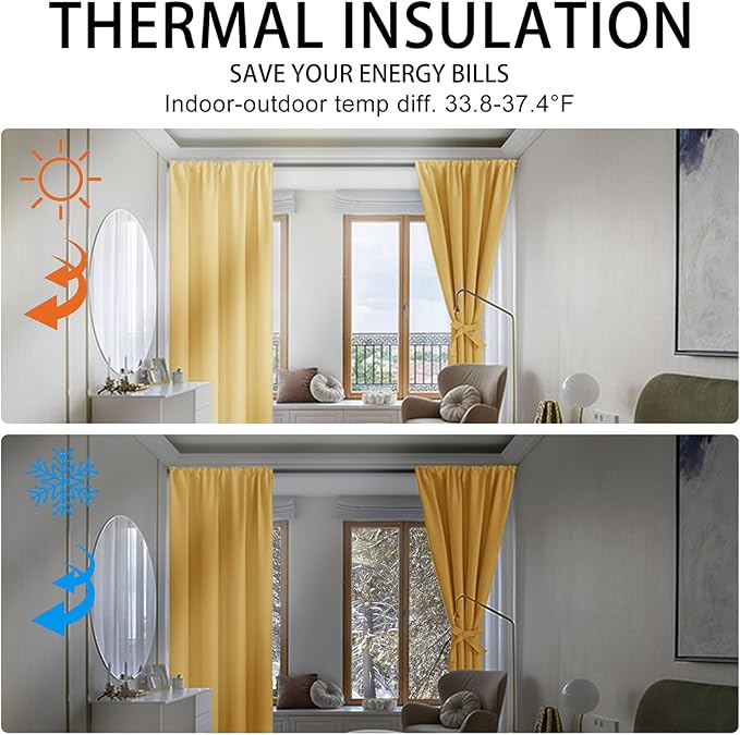 JIUZHEN Blackout Curtains for Bedroom - 60 Inch Extra Wide Thermal Insulated Room Darkening Privacy Soundproof Curtains for Living Room/Dorm Room, Set of 2 Panels, 60 x 72 inches,Light Yellow