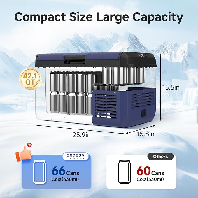 BODEGACOOLER 12 volt Car Refrigerator - Portable Freezer IPX4 Waterproof Car Fridge 42QT Electric Cooler Ultra-Quiet for Truck Van Camping Travel 12/24V DC 110~240 Volt AC,-4โ~68โ