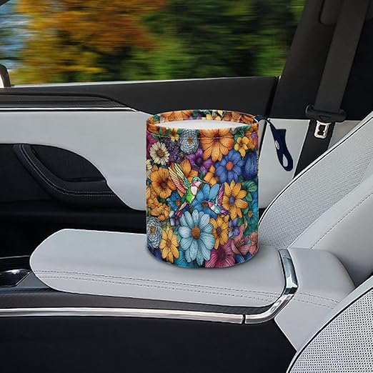 Hummingbird Flower Car Trash Can Leak Proof Waste Basket Container Bag Bin Hanging Cup Holder Organizer with Strap Mini Car Interior Accessories for Auto, Car, Camping, Travelling