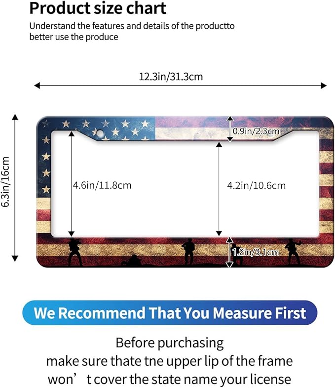MIOAOSRT Soldiers on USA Flag License Plate Frame American Army License Plate Cover Car Tag Holder Metal License Plate Frame Fits Standard U.S.Vehicles 12x6 Inch