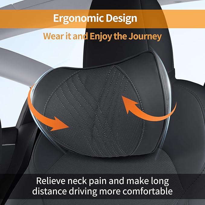 Car Neck Pillow Memory Foam Premium Leather Headrest Neck Support Cushion Universal for Driving Home Office, Black,1PC