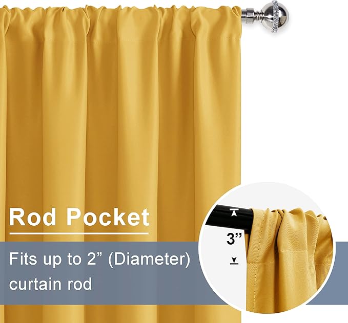 JIUZHEN Blackout Curtains for Bedroom - Thermal Insulated Room Darkening Noise Reducing, 60 x 63 Inch Length Curtains for Living Room, Set of 2 Panels with Tiebacks, Mustard Yellow