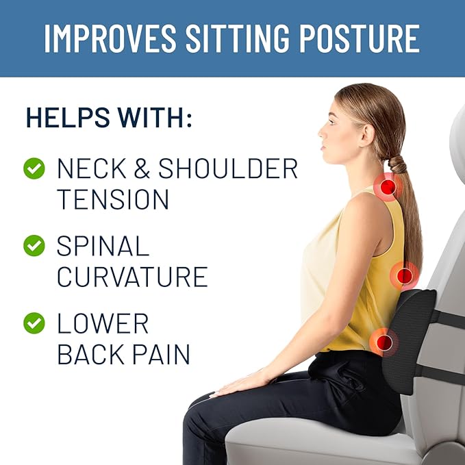 Everlasting Comfort Lumbar Support Cushion for Car Seat - Memory Foam Back Cover for Car - Lumbar Support Promotes Better Posture, Back Pain Relief - Ideal for Driving
