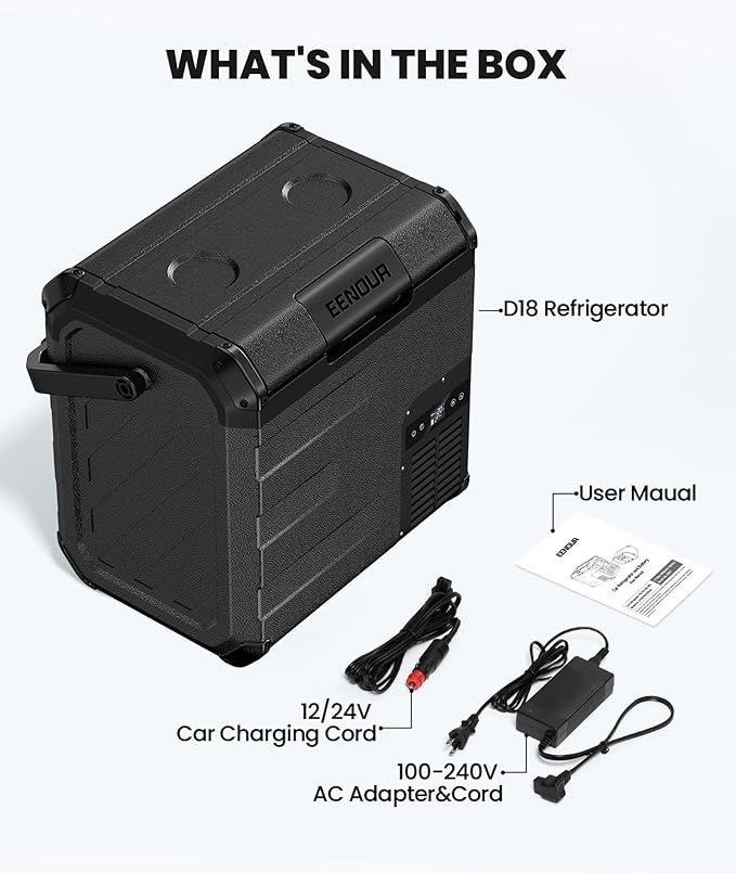 EENOUR D18 19Qt/18L 12V Car Refrigerator with Detachable Battery – Solar/AC/DC Powered Car Freezer, -4℉~50℉, Ultra-Quiet 12/24V Car Fridge for Camping, Road Trips, RV, Truck-Black