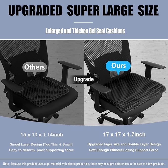 Gel Seat Cushion for Long Sitting Pressure Relief (Extra Large & Thick) - Non-Slip Gel Chair Cushion for Back,Sciatica,Tailbone Pain Relief - Seat Cushion for Office Desk Chair,Car Seat,Wheelchair