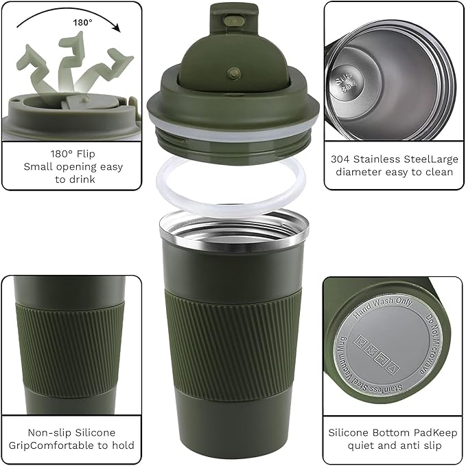 YINBAOGE Insulated Travel Coffee Mug, Spill & Leak Proof, Portable To Go Camping Stainless Steel Coffee Tumbler, Reusable Thermal Coffee Cup with Lid for Hot & Cold Drinks (Green, 17 OZ)