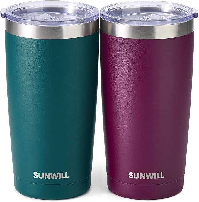 SUNWILL Travel Coffee Mug with Lid, 20 oz Tumbler Set of 2, Insulated Stainless Steel Cup for Drinks, Water, Tea, Powder Coated Forest Green & Plum