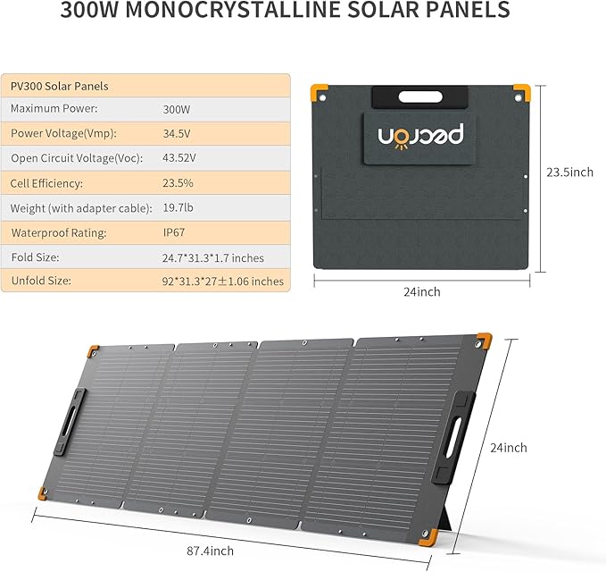 pecron 300 Watt Solar Panel, Portable Solar Panel for Power Station, High Efficiency Panel Foldable, IP67 Waterproof Power Supply for Camping, RV, Outdoor, Off Grid System