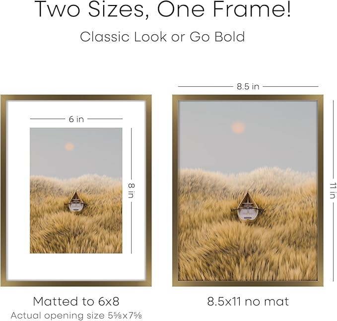 Homeforia 8.5x11 Picture Frame Bronze, High End Metal Brass Frame 8.5 x 11 with Mat 6 by 8 Photo, 11x8.5 Frames Matted to 6x8 Print, 8.5by11 Wall or Tabletop Frames, Tempered Glass, Wall Kit, Set of 3