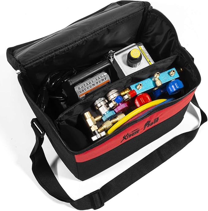 XtremepowerUS Premium 4CFM Air Vacuum Pump HVAC A/C Refrigeration Kit AC Manifold Gauge Case Set R134a Tap w/Leak Detector and Carrying Tote Bag
