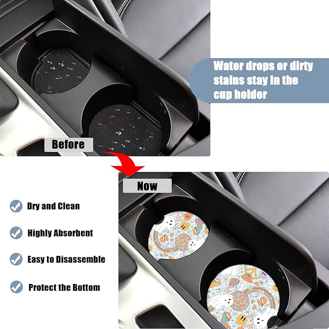 Funny Ghost Car Cup Holder Coaster -Halloween Absorbent Ceramic Coaster, Car Coasters for Cup Holders, Auto Accessories for Women & Men, Pack of 2