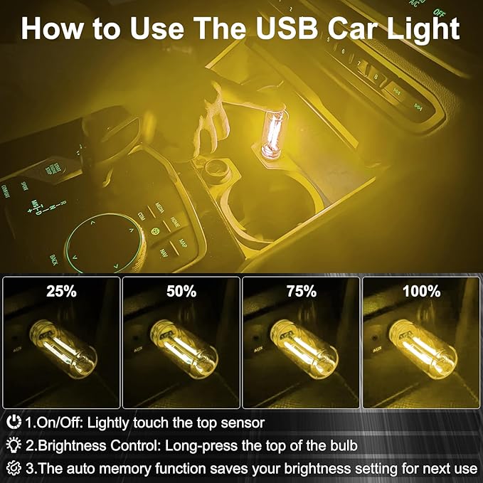 2 PCS Car USB Night Light Bulb, Touch Dimmable Car Interior Ambient Lights, Portable Mini USB Retro Glass Bottle Lamp Decorations for Vehicle, Bedroom, Hallway, Camping (Yellow)