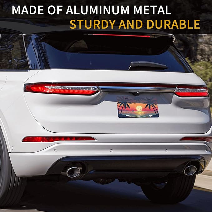 Front License Plate Sunset Palm Trees Vanity Plates Aluminum Metal Decorative Car Tag Flowers Rainbow Beach Novelty License Plate Cover for Men Women 6 * 12 in (4 Holes)