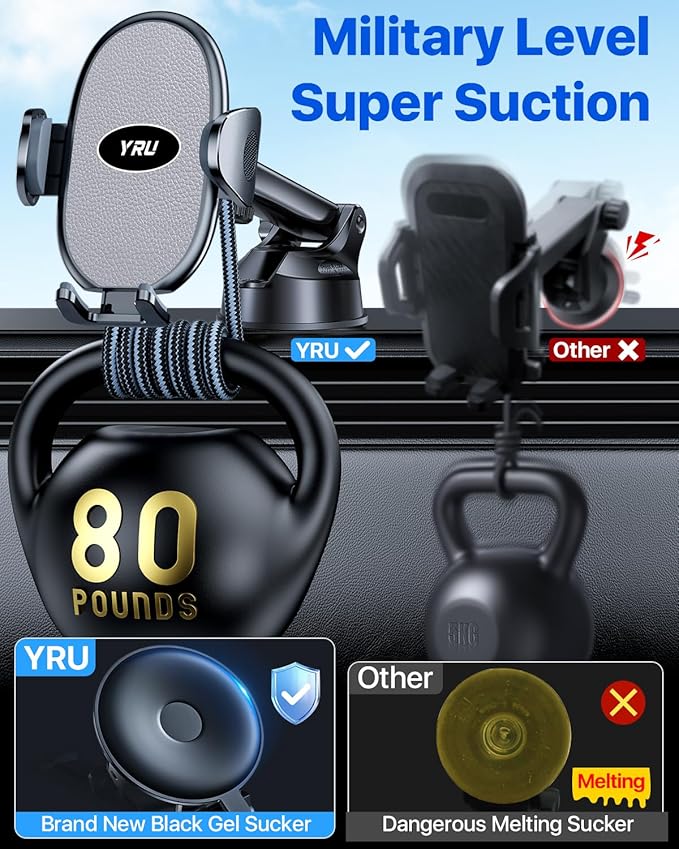 YRU [2025 Upgraded Universal Car Phone Holder Mount【360° Rotatable &Strong Suction】 Cell Phone Holder for Car Dashboard Windshield Phone Holder Dash Stand for iPhone 16 15 13 Samsung Truck, Silver