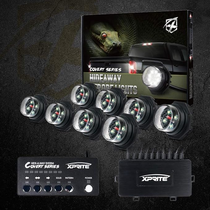 Xprite White LED Hideaway Emergency Strobe Lights Kit, 20 Flashing Modes w/Controller Headlights Taillights Fog Light Mounting, Hazard Warning Caution Light for 12V Vehicles Pickup Trucks Vans 8 PCS