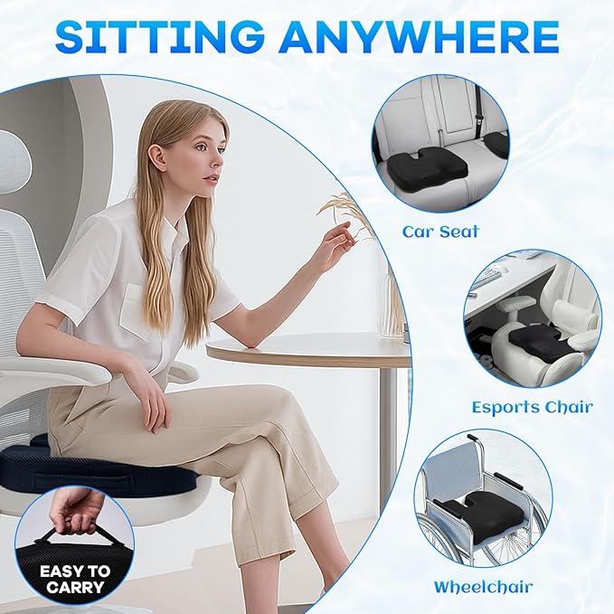 Gel-Infused Seat Cushion & Memory Foam Lumbar Pillow Set,Non-Slip Bottom,Breathable Mesh Cover,Portable Handle - Ergonomic Support for Office Chair Cushion, Car Seat Cushion and Wheelchair,Black