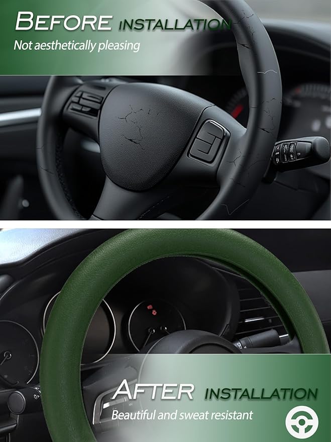 LRITER Car Steering Wheel Cover, Non-Slip Silicone Material, Multiple Color Choices, Universal Auto Parts Steering Wheel Cover, Suitable for Most Cars (Dark Green)