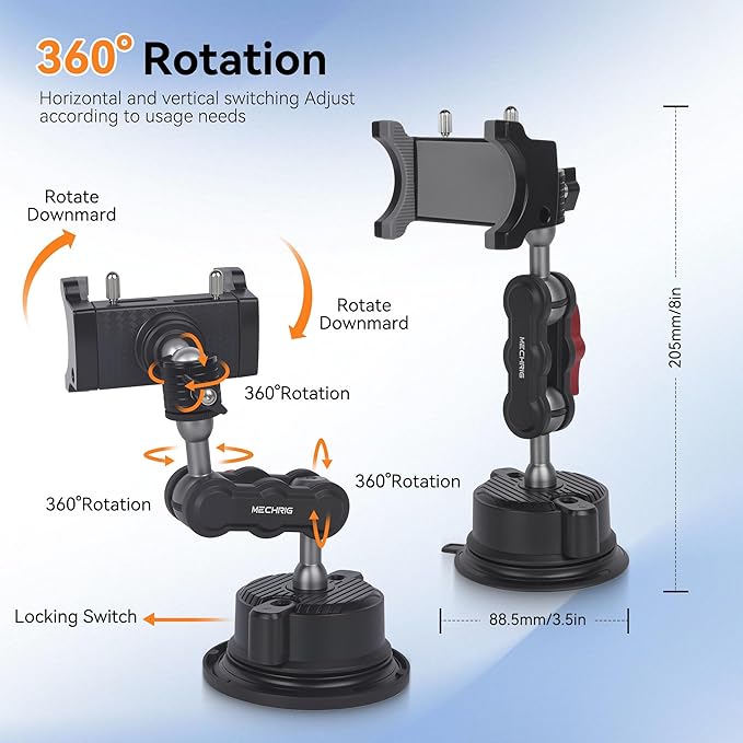 Suction Cup Car Phone Mount, 360°Rotating Car Phone Holder Video Recording, Universal Ball Head Arm for Cellphone Car Holder, Heavy Duty Car Phone Mount for Dashboard, Windshield-SJ001 (Standard01)