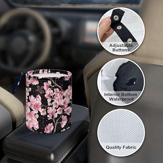 Cute Cherry Blossom Car Trash Can Reusable Foldable Hanging Portable Dustbin Bin for Back Seat, Front Console, Floor, or Hanging Headrest Waste Basket