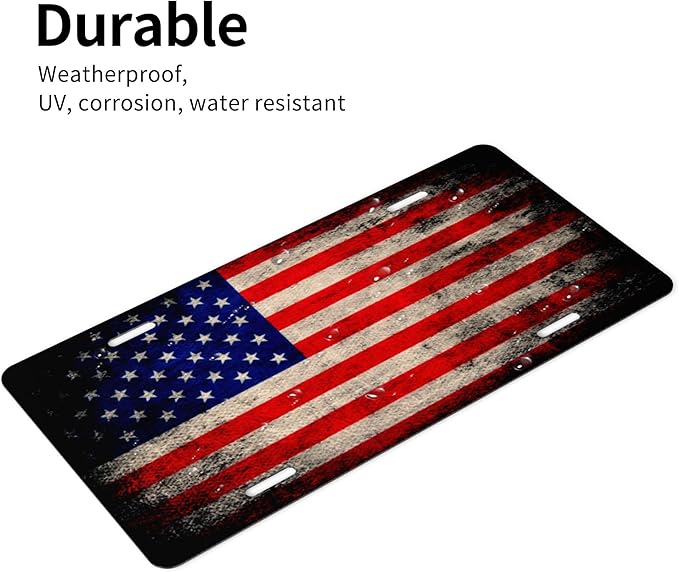 Front License Plate Vintage American Flag Vanity Plates Aluminum Metal Decorative Car Tag Novelty License Plate Cover for Men Women 6 * 12 in (4 Holes)