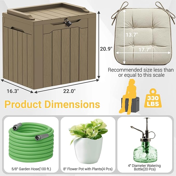 Greesum 31 Gallon Resin Deck Box Large Outdoor Storage for Patio Furniture, Garden Tools, Pool Supplies, Weatherproof and UV Resistant, Lockable, Light Coffee