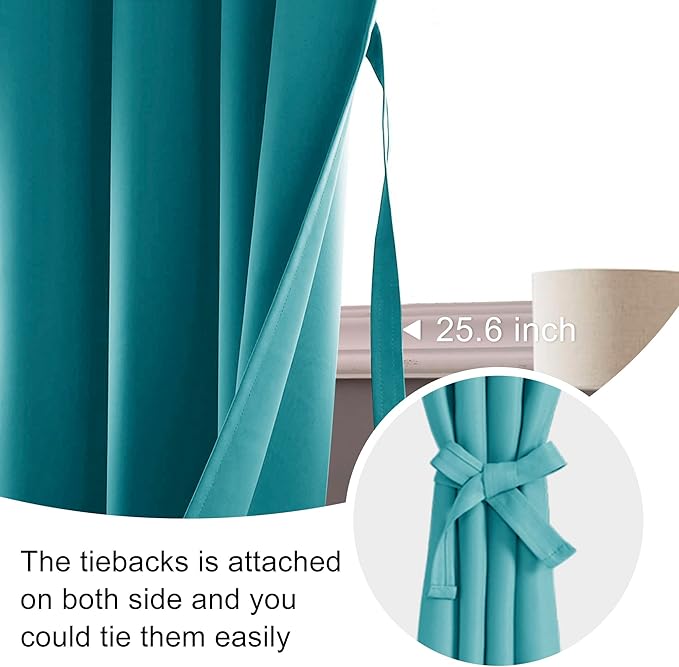 JIUZHEN Blackout Curtains for Bedroom - Thermal Insulated Room Darkening Noise Reducing, 70 x 84 Inch Length Curtains for Living Room, Set of 2 Panels with Tiebacks, Turquoise