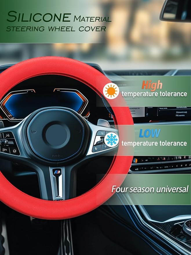 LRITER Car Steering Wheel Cover, Non-Slip Silicone Material, Multiple Color Choices, Universal Auto Parts Steering Wheel Cover, Suitable for Most Cars (Red2PCS)