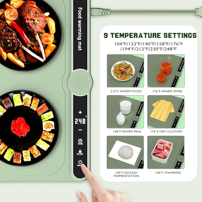 Smart Warming Mat for Food, Upgrade Waterproof Foldable Heating Mat, Food Warming Mat with 9 Level Adjustable Temperature and 6-Speed Timing, Easy to Clean Food Warmers for Buffet,Party,Thawin (Green)