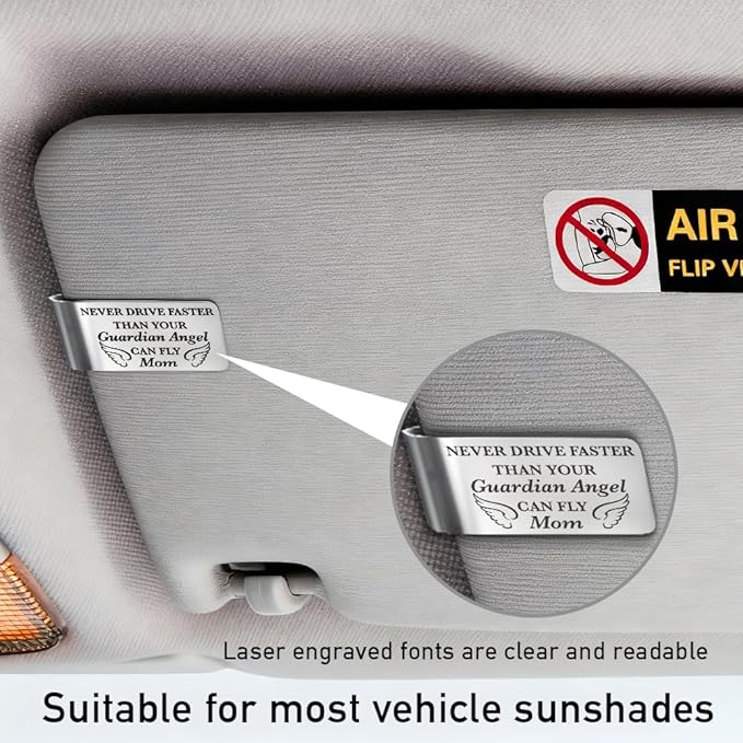 Never Drive Faster Than Your Guardian Angel Can Fly Mom Engraved Stainless Steel Car Visor Clip, Inspirational Guardian Angel Safe Driving Gifts for Son Daughter, Drive Safe Reminder Gifts