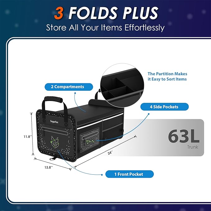 Car Trunk Organizer & Storage | 63L Capacity, 23.6"×13.8"×11.8" | Fluorescent Constellation Design | Waterproof, Collapsible with Adjustable Straps | for SUV, Small/Midsize Cars - Black-M004
