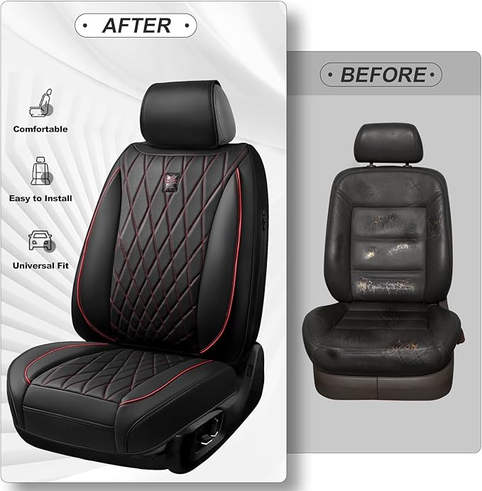 CAR PASS Luxury PU Leather Two Front Car Seat Covers, Waterproof Seat Covers Compatible with Front Seat Armrests, Airbag Compatible Anti- Slip Universal Fit for Cars Suvs Vans Trucks Black Red