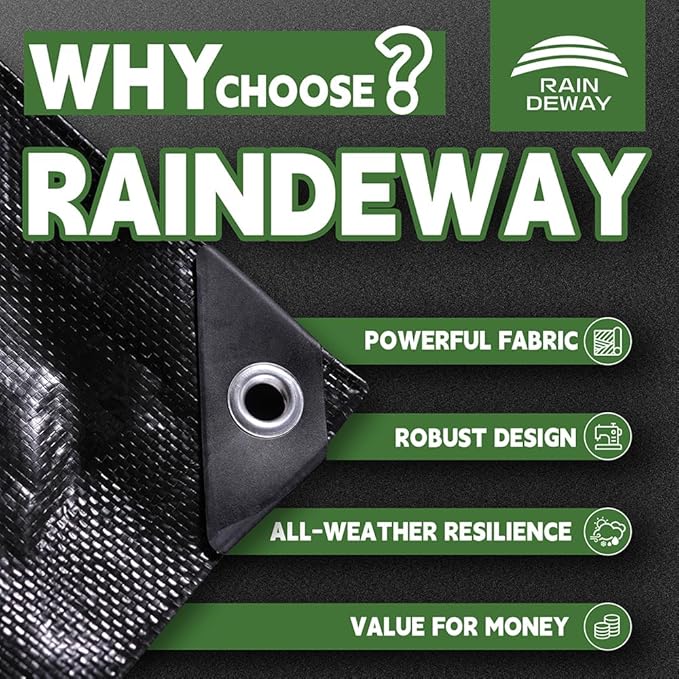 RAINDEWAY Small Black Tarp 6x6 Feet, UV Resistant, 8 Mil Multipurpose Medium Duty Waterproof Poly Tarp Cover with Metal Grommets and Reinforced Edges