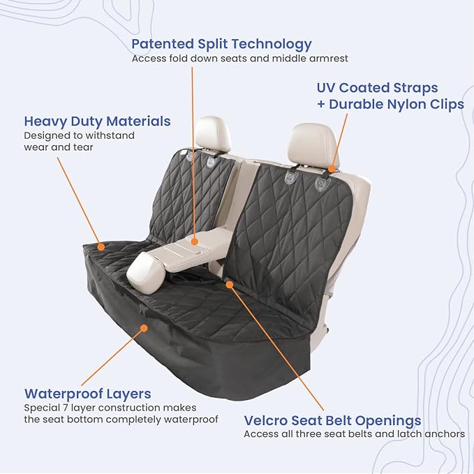 4Knines Dog Seat Cover for Back Seat, Heavy Duty Waterproof Rear Seat Protector for Large Trucks, SUVs, Cars - Fits 60/40 Split Bench with Middle Seat Belt, Non-Slip Backseat Cover (Extra Large, Tan)