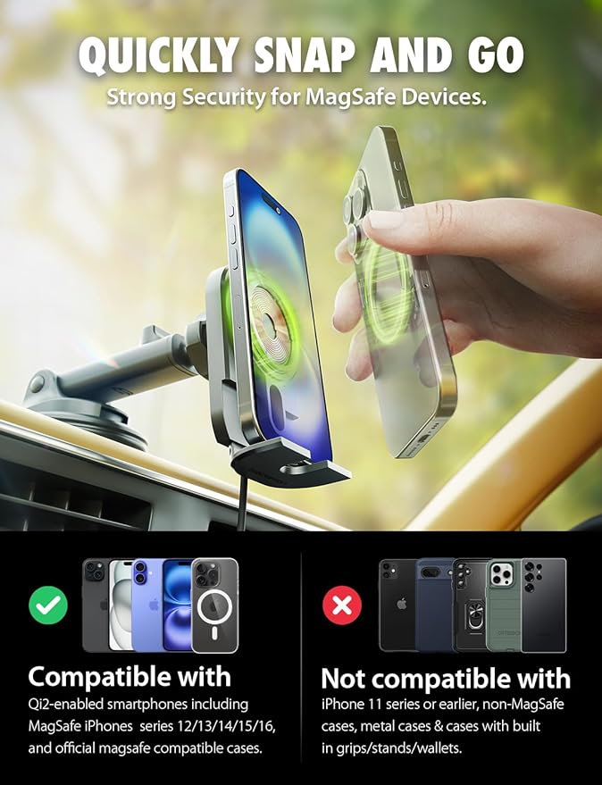 Bracketron MagAlign Extend 15W Magsafe Car Mount Charger, Magnetic Car Phone Holder Charger Wireless Car Charger for iPhone 16 Pro Max 15 14 13 12,Vent/Windshield/Dash Phone Mount Holder Fast Charger