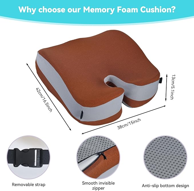 Seat Cushions for Office Chairs Wheelchair Cushion for Long Sitting Back Pain,Memory Foam Seat Car Computer Desk Chair Cushion,Coccyx Cushion for Tailbone Pain Relief Office Chair Butt Pillow Brown