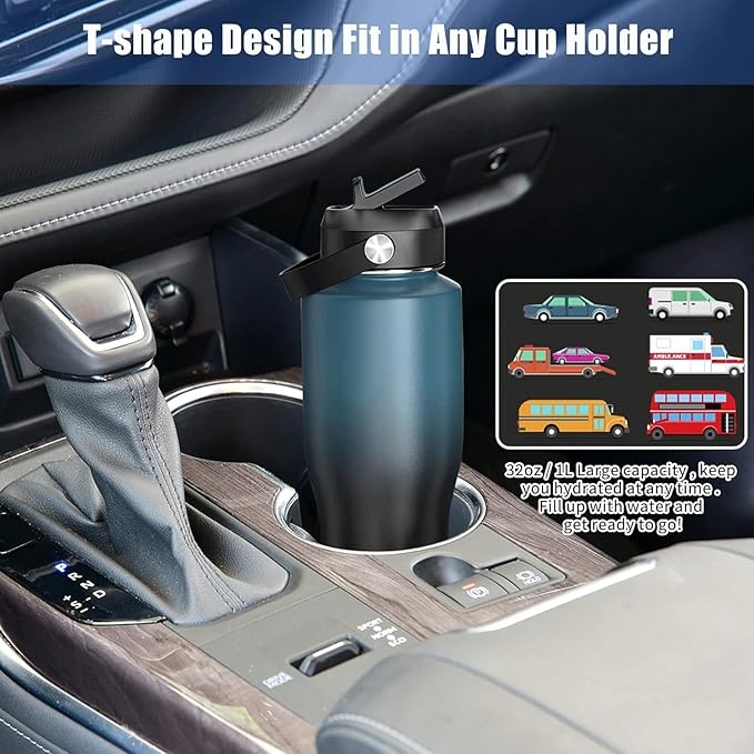 HYDROWION Water Bottle Stainless Steel,Vacuum Insulated Leak Proof Tumbler 32oz with Straw Lid, Spout Lid and Flex Cap(Cold for 48 Hrs, Hot for 24 Hrs), Fit in Any Car Cup Holder, Wood