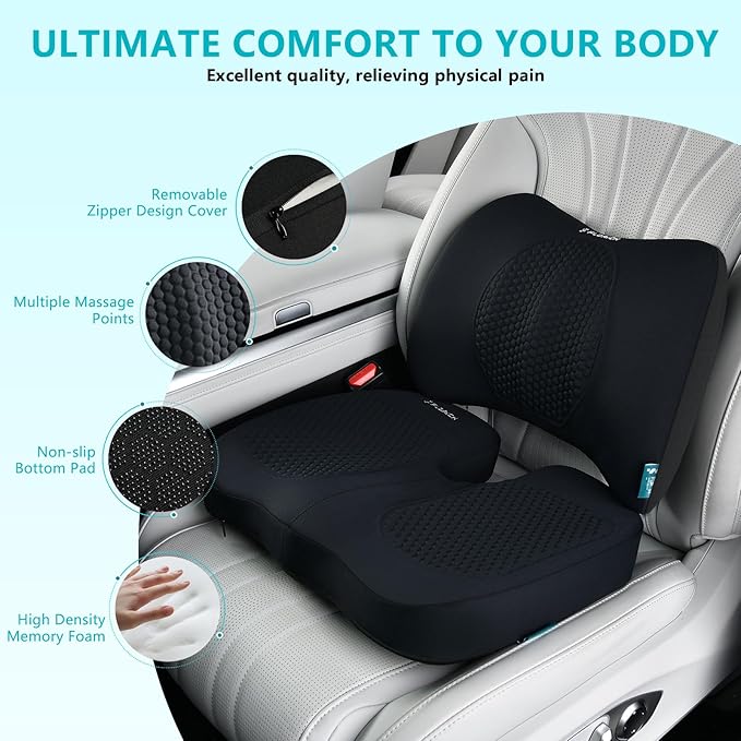 FLORICH Car Seat Cushion and Back Support for Office Chair Memory Foam Chair Cushions Pressure Relief Seat Pads with Gel Massage Point Lumbar Support(Black)