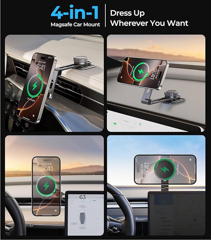 for MagSafe Car Mount Wireless Charger, Foldable Magnetic Phone Holder, Multiple Installation Options for Universal Dashboard & Tesla Screen, Fit for iPhone 16, Best Car Accessories for Men & Women