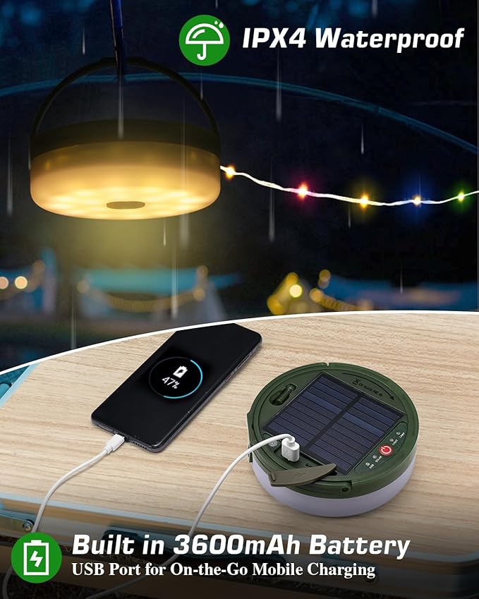 Solar Camping String Lights 4 in 1, Anpro 32.8Ft Ultra Long Multi-Color LED String, 3600mAh Solar Powered and USB Rechargeable Light with Remote Control, Portable Camping Light for Hiking, Decoration