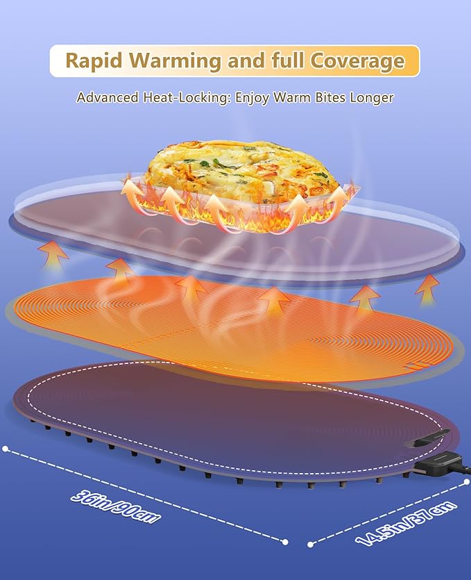 Warming Mat for Food Extra Large,Temperature Adjustable Food Warmers for Parties Buffet with Timer,Silicone Food warming trays with Heat Proof Base,Roll Up Food Heating Mat for Home & Travel(Blue)