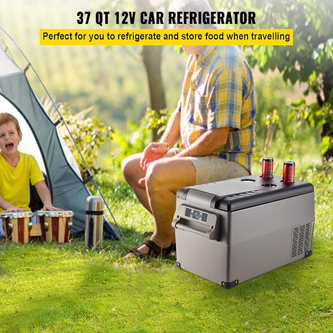 VEVOR CF35 Portable 37 Quart(35 Liter) 12 Volt App Control(-4℉~68℉), Car Refrigerator Dual Zone with 12/24v DC & 110-240v AC for Camping, Travel, Fishing, Outdoor or Home Use, Black+Gray