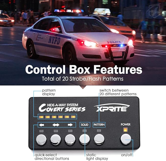 Xprite Red Blue LED Hideaway Strobe Police Lights Kit, 20 Flashing Patterns w/Control Panel for Headlights Taillights Hazard Warning Mounting, for Emergency Vehicles Volunteer Cop Cars Trucks 6PCS