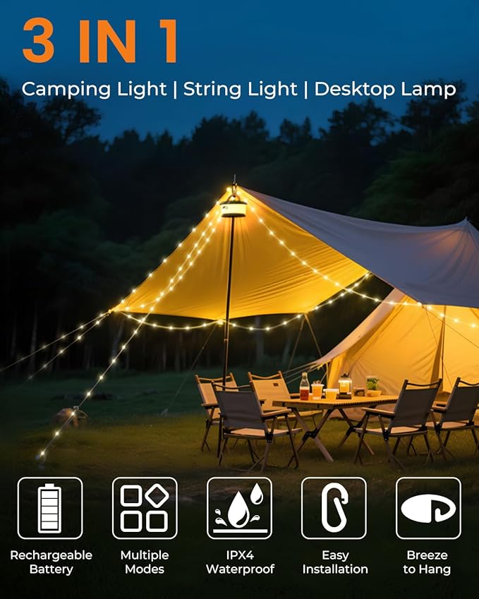 Camping String Lights, Retractable 32.8ft RGB Flash Lamp, Rechargeable LED Fairy Lights Outdoor Waterproof, Portable Hanging Lantern for Outside Tent Patio Awning Garden RV Essentials