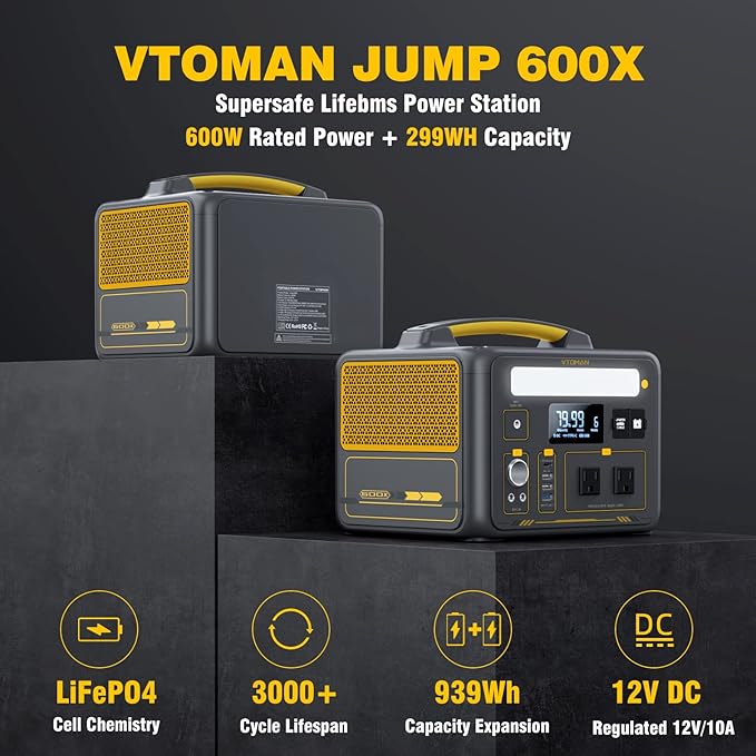 VTOMAN Jump 600X 600W Portable Power Station with 640Wh Extra Battery,939Wh Solar Generator LiFePO4 Battery, 1200W AC Outlet, PD 60W USB-C, 3x Regulated 12V/10A DC for Camping, Off-grid, Home Backup