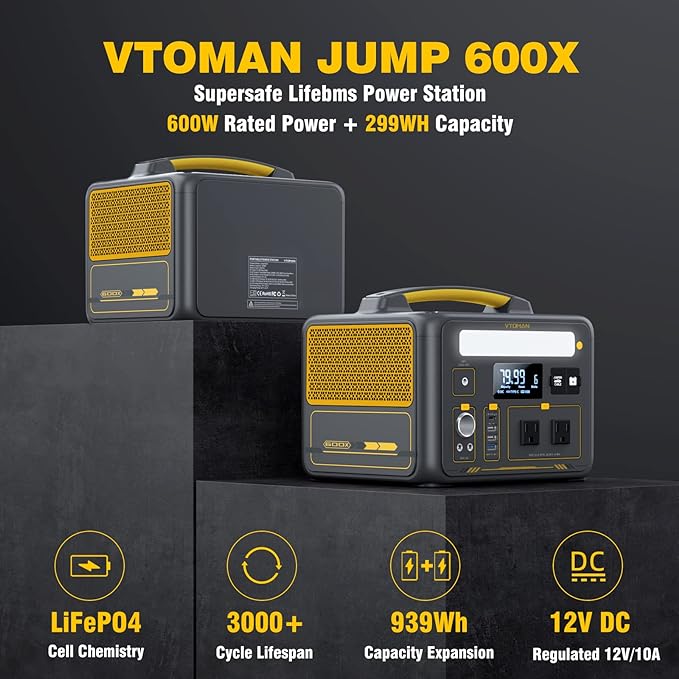 VTOMAN Jump 600X Portable Power Station with 110W Solar Panel, 600W/299Wh LiFePO4 Battery Solar Generator, 1200W AC Outlet, PD 60W USB-C, 3x Regulated 12V/10A DC for RV, Outdoor Camping, Home Backup