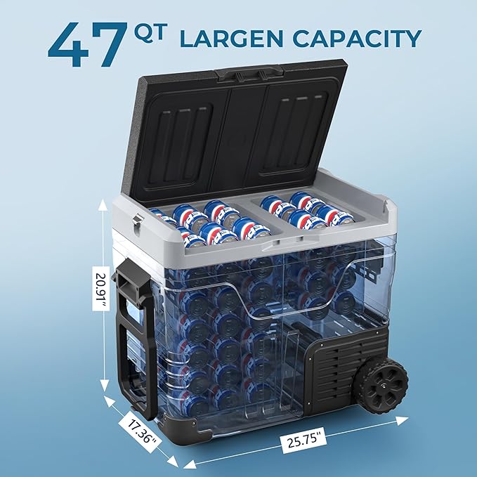 EUHOMY 12 Volt Refrigerator, 47QT(45L) Dual Zone Electric Cooler, Portable Freezer 12V/24V DC 110-240V AC, 12V Fridge -4℉~68℉, 12V Cooler with Wheels & Basket for Travel, Truck, Camping, Boat