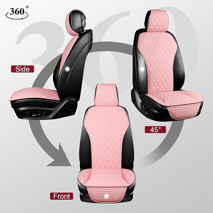 2PCs Front Car Seat Covers, Leather Seat Covers with Steering Wheel Cover and Two Seat Belt Pads, Waterproof Seat Covers for Cars Universal Fit 95% Vehicles (Pink)