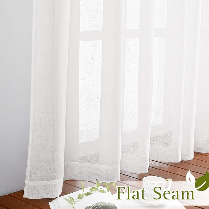 NICETOWN White Linen Sheer 90 inch Curtains for Living Room, Grommet Semi Sheer Window Treatment Linen Blend Privacy with Light Filtering Drapes for Farmhouse/Cottage, W36 x L90, 2 Panels