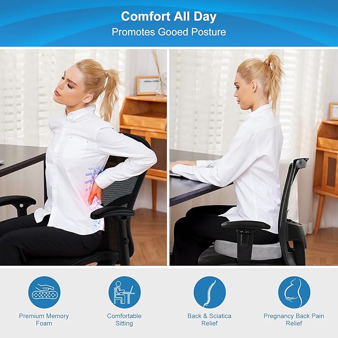 Bomdaia Seat Cushion for Office Chair, Memory Foam Coccyx Cushion Pad, Desk Chair Car Seat Cushion for Tailbone, Sciatica, Lower Back Pain Relief (Gray)